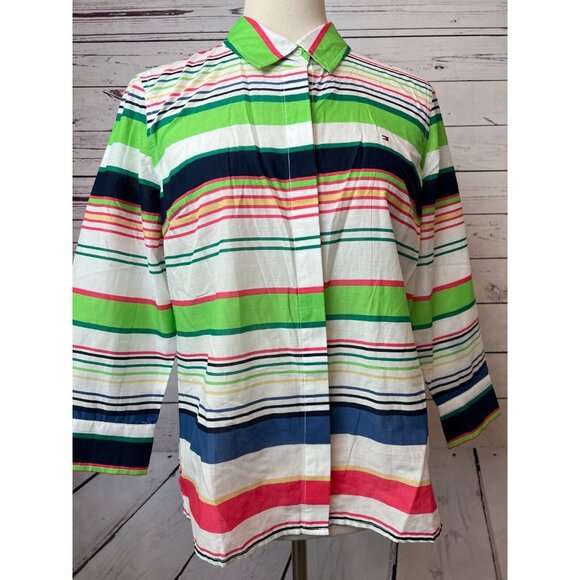 Tommy Hilfiger Blouse size Small Striped‎ Rainbow Womens Button Front Cotton NWT - Picture 1 of 8